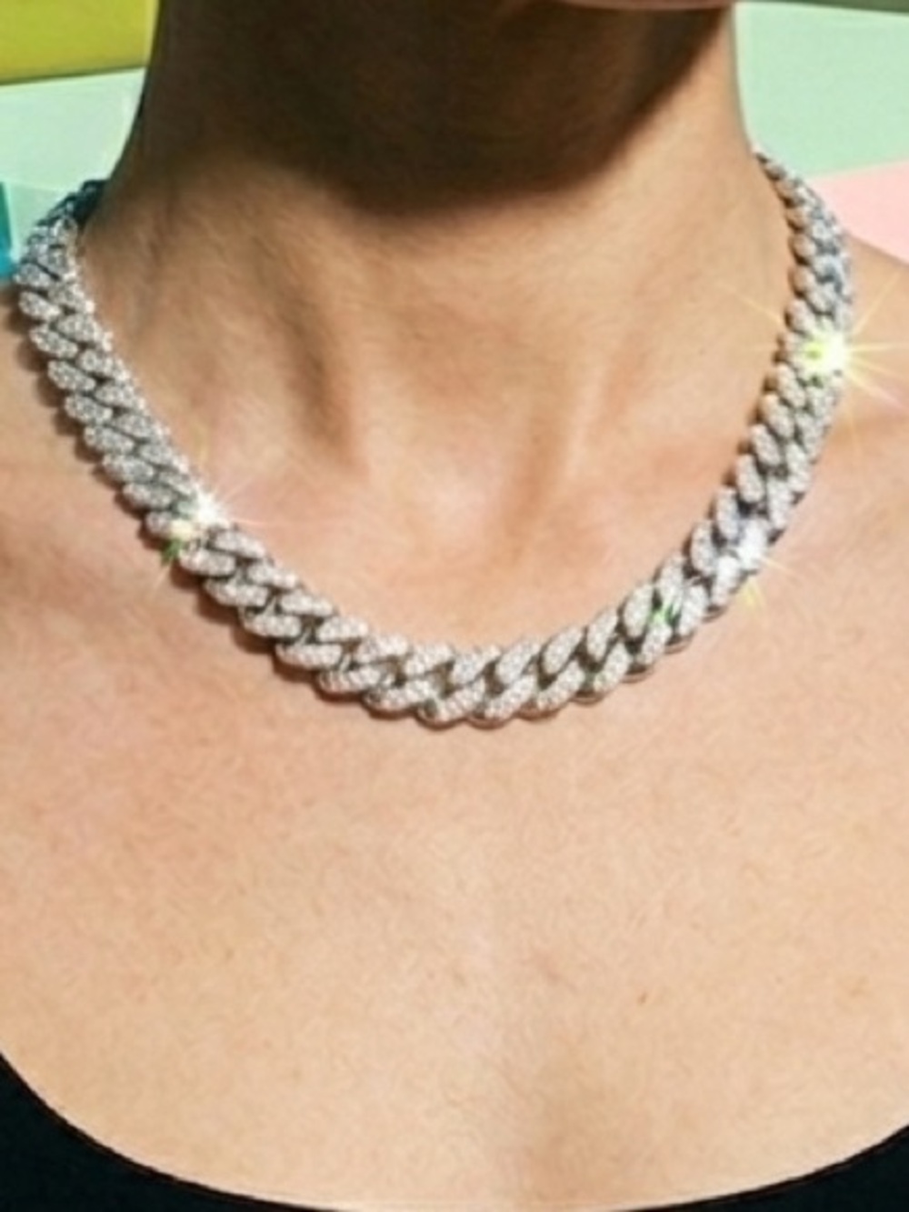 Unisex Pave Cuban Chain Necklace - Silver Plated, Nickel Free, Sparkling Stones